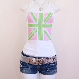 y2k lime pink union jack tank white ribbed baby tee